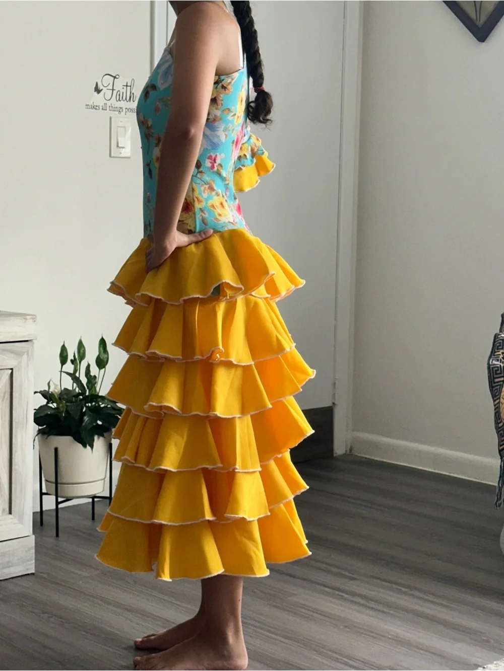 Girls Yellow Tiered Ruffle Dance Dress with Floral Bodice